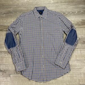BOSS Hugo Boss Ronny_18 Shirt Mens Medium Blue Brown‎ Check Elbow Patch Slim Fit